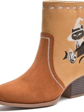 Women's Brown Western Boots Cowgirl Low Chunky Heel Pointed Toe Mid
